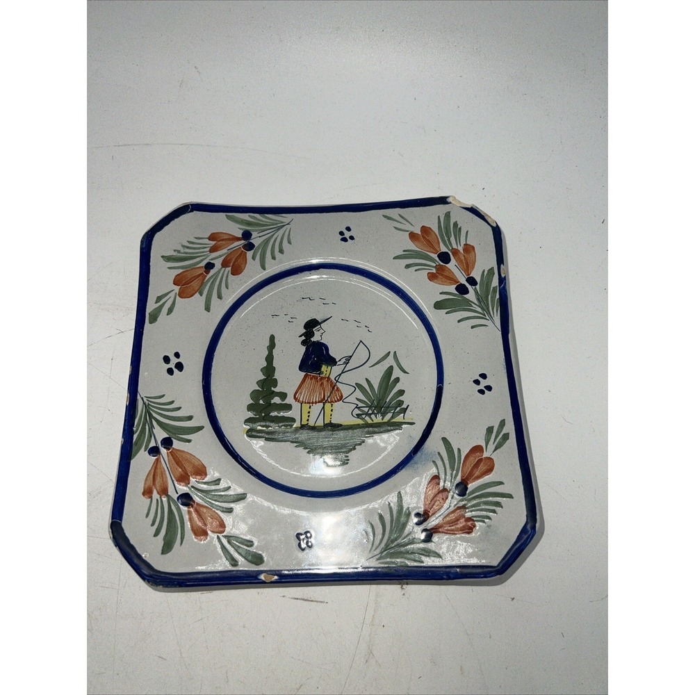 White Quimper Pottery Square Plate 6.5"‎ Across Rare